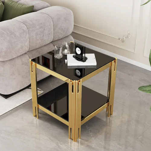 Miniatura 86 de Mesa de centro de cristal de lujo, mesa de centro de sofá de 47 pulgadas con marco de acero inoxidable dorado y parte superior de vidrio negro, mesa