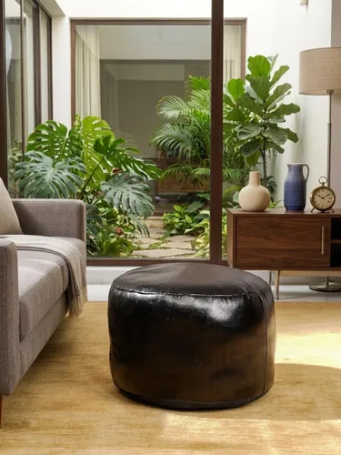 Rugsotic Carpets Puf de cuero de cabra redondo hecho a mano ecológico negro – Puf de forma redonda, 14.0 in x 14.0 in x 14.0 in x 14.0 in, liso