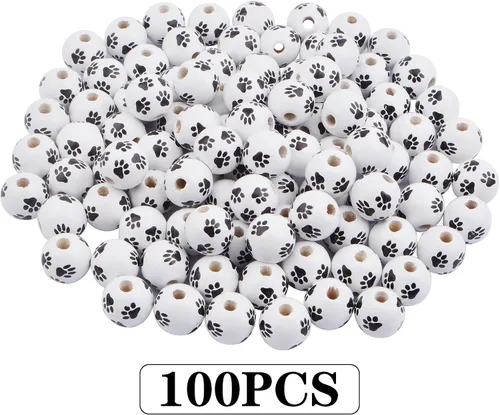 Miniatura 2 de 100 cuentas espaciadoras de madera con estampado de pata de perro de 0.63 pulgadas, cuentas redondas de huellas de perro en blanco y negro