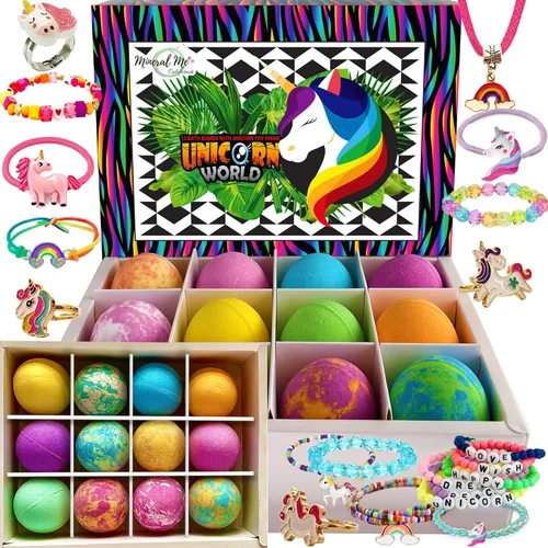 Mineral Me California Bombas de baño de unicornio para niñas con joyas en el interior, bombas de baño orgánicas para niños con sorpresa, bombas de