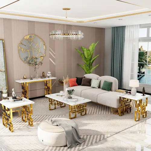 Miniatura 3 de AUZ Mesa auxiliar, mesa rectangular de 50 pulgadas, color blanco y dorado, mesa de té para sala de estar, sala de invitados, sala de recepción Base