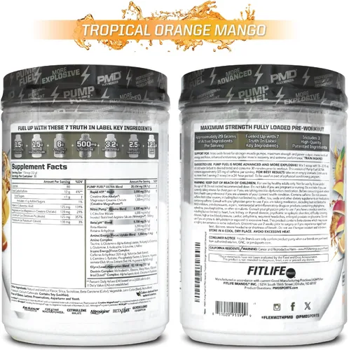 Miniatura 9 de PMD Sports Pump Fuel Ultra Insanity - Polvo de preentrenamiento premium y bomba muscular, mayor enfoque, resistencia y recuperación, creatina Mango