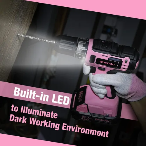 Miniatura 7 de WORKPRO Juego de taladro inalámbrico rosa de 20 V, portabrocas sin llave de 3/8 pulgadas, batería de iones de litio de 2.0 Ah, cargador rápido de 1