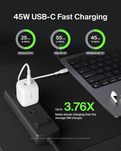 Miniatura 2 de Belkin Bloque de cargador USB C dual de 45 W, carga súper rápida PD3.0 con tecnología GaN - Samsung Galaxy S25, Apple iPhone 17, Air, Pro, Pro Max