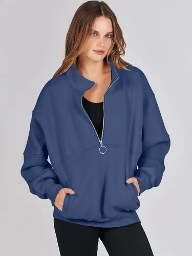 Miniatura 2 de ANRABESS Sudaderas de forro polar con media cremallera para mujer, de gran tamaño, con cremallera de un cuarto, ropa de otoño 2024, ropa de moda