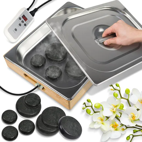 SereneLife Juego de calentador de piedras de masaje portátil, kit de masajeador y calentador de piedras calientes para spa eléctrico con 6 grandes y