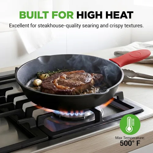Miniatura 5 de NutriChef 3 piezas de sartenes de hierro fundido - Utensilios de cocina de hierro fundido pre-sazonados con caño de goteo, mangos de silicona