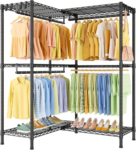 ULIFHOME E15 - Perchero en forma de L para esquina, perchero independiente para colgar ropa, organizador de armario resistente con 4 varillas para