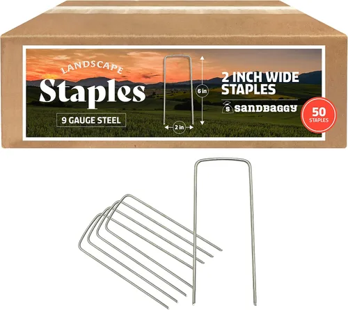 Sandbaggy Grapas de jardín extra anchas de 2 pulgadas | Grapas de jardín de grado industrial resistentes de calibre 9 | Sostiene tubos de goteo y