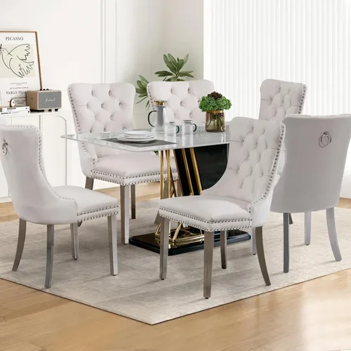 Miniatura 34 de Juego de 2 sillas de comedor tapizadas de tela de lino, sillas de cocina modernas de mediados de siglo con respaldo alto, ribete de cabeza de clavo