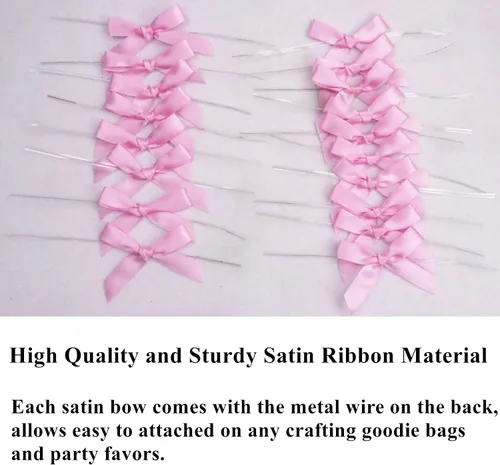 Miniatura 4 de 100 lazos rosados de 3 pulgadas para bolsas de golosinas, lazos de satén torcido, lazos preatados con alambre, lazos de cinta con lazos giratorios