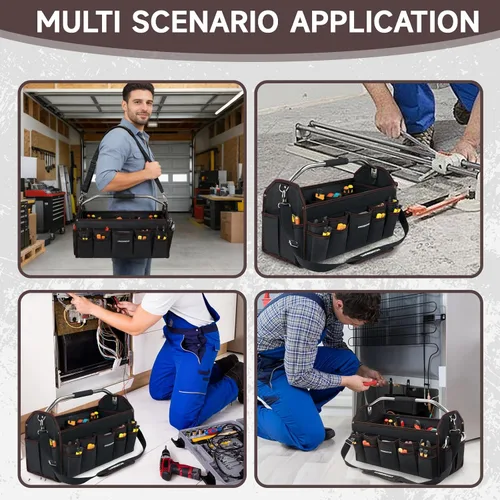 Miniatura 7 de Portaherramientas de 20 pulgadas, bolsa de herramientas con parte superior abierta, 30 bolsillos, bolsa de herramientas impermeable para hombres