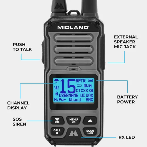 Miniatura 2 de Midland GXT67 Radio bidireccional GMRS de 5 vatios - Walkie Talkie de largo alcance para aterrizaje, Jeep y todoterreno - IP67 impermeable