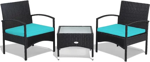 Miniatura 10 de HAPPYGRILL Juego de muebles de patio de 3 piezas con mesa de centro de cristal y cojines suaves para balcón, jardín, piscina