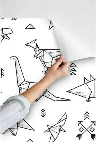 Miniatura 3 de Papel tapiz para despegar y pegar, diseño de dinosaurios de origami, negro, blanco, geométrico, monocromático, extraíble, personalizado Spoonflower