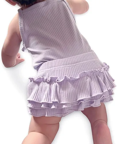 Miniatura 5 de Conjunto de 3 piezas de algodón de punto acanalado con volantes, camisola de verano con diadema, color liso