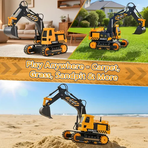 Miniatura 6 de DOUBLE E Juguete de excavadora a control remoto, excavadoras a control remoto, caja de arena, juguetes de construcción hidráulicos, vehículo