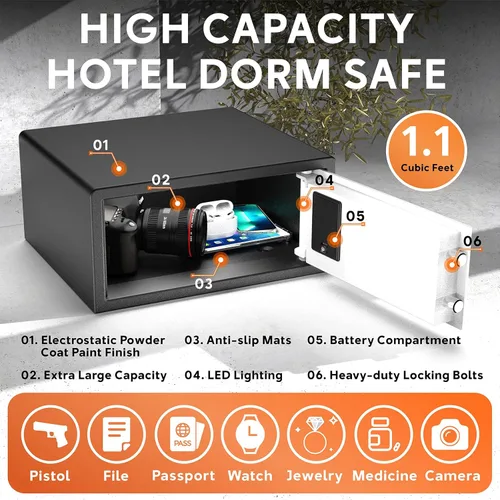 Miniatura 4 de Z ZLJUAN Caja fuerte para hotel de 1.1 pies cúbicos, caja fuerte de acero para documentos personales con cerradura biométrica estilo hotel