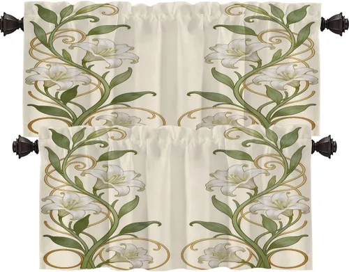 Miniatura 78 de Shrahala Art Nouveau Floral Pattern Blackout Curtain Tiers, Delicate Vine and Flower Design Kitchen Valance Light Blocking Tier Drapes with Rod