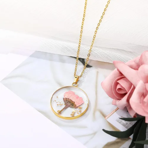 Miniatura 2 de BIRDAYPRE Handmade Pressed Flower Pendant Necklace Birth Flower Necklaces Round Resin Necklace for Women Girls 18K Gold Plated Chain Flower Jewelry