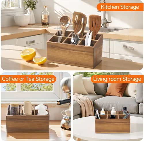 Miniatura 6 de Soporte para utensilios de madera, organizador de utensilios de cocina, grande con 6 compartimentos, soporte para utensilios de cocina, contenedor