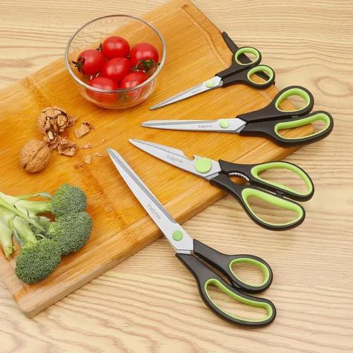 Miniatura 7 de Tijeras de cocina, cuchillas de acero inoxidable, agarre suave, juego de tijeras de cocina multiusos resistentes, negro/verde, juego de 4 piezas