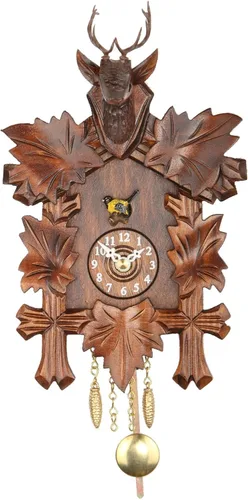 Trenkle Kuckulino Reloj de la Selva Negra Casa de la Selva Negra con Movimiento de Cuarzo y Campanilla de Cuco, 5 hojas, Cabeza de un ciervo TU 2051