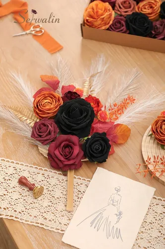 Miniatura 2 de Serwalin - Flores artificiales negras y naranjas de otoño, flores de Halloween, flores de boda negras para ramos de boda DIY, centros de mesa