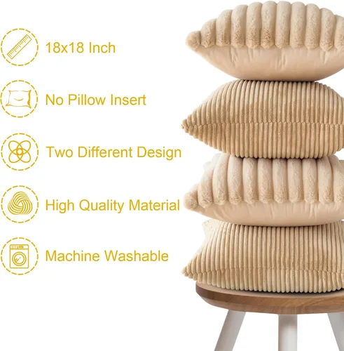 Miniatura 8 de OTOSTAR Paquete de 4 fundas de almohada decorativas de pana suave de piel sintética de felpa de 18 x 18 pulgadas, fundas de cojín mullidas a rayas