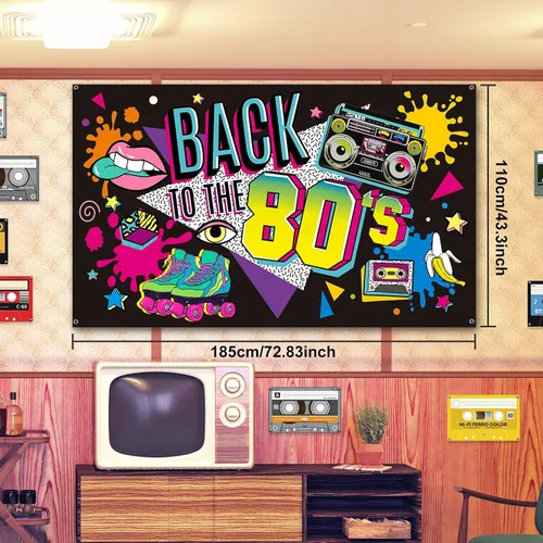 Miniatura 4 de Breling Decoraciones de fiesta de los años 80 y 90: paquete temático de música retro con boombox inflable y teléfono móvil, telón de fondo, 55