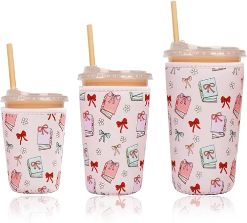 Miniatura 21 de Funda aislante reutilizable para taza de café helado, paquete de 3 fundas de neopreno para bebidas frías y calientes, soporte para bebidas para café