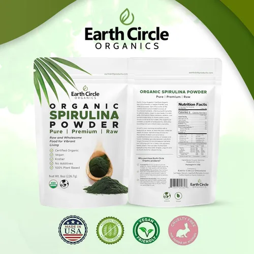 Miniatura 5 de Earth Circle Organics Espirulina en polvo, Kosher, cruda y no irradiada Proteína vegana pura Superalimento energético premium, alto