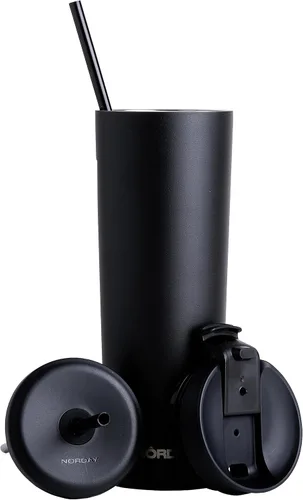 NORDAY Vaso con tapa y popote – Bloom 30oz – Vaso aislado negro – Vaso de acero inoxidable – Taza de café de doble pared – Mantiene la temperatura