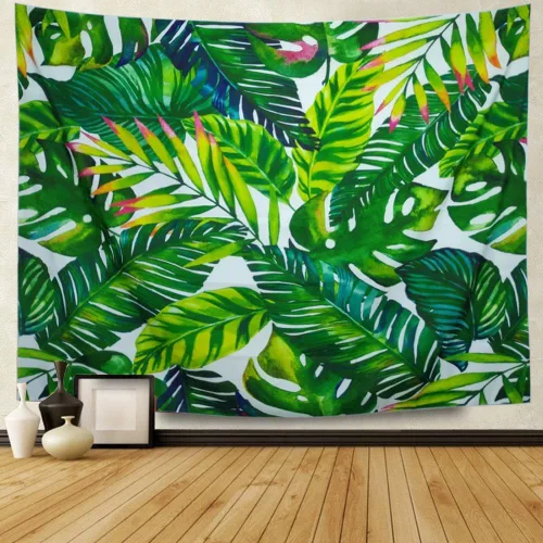 Heopapin Tapiz de palmera, hojas de palmera, tapiz de pared con estampado de hojas de acuarela, tapices verdes tropicales para colgar en la pared,
