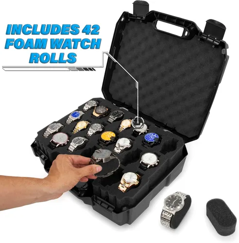 Miniatura 3 de CASEMATIX Estuche de viaje para reloj con 42 ranuras para portarrollos de reloj, resistente a los impactos con caja de reloj de espuma