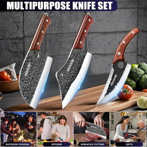 Miniatura 8 de MDHAND Juego de cuchillos de carnicero, 8 cuchillos de chef forjados a mano con caja de regalo, cuchillo de corte de carne para cocina, cuchillos