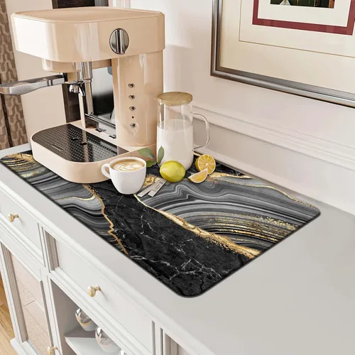 Miniatura 7 de MCALK Tapete de secado de platos negro mármol para encimera de cocina, almohadilla de secado de platos dorada con base de goma antideslizante