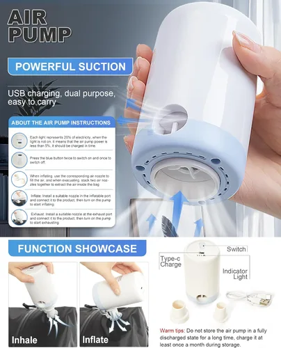 Miniatura 4 de winspansy Mochila de viaje esencial de viaje con bomba de aire, bolsas de compresión para viajes, transporte aprobado por vuelo, mochila
