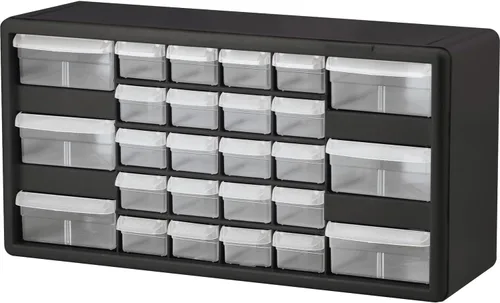 Repisa para almacenamiento de piezas, de plástico, con 26 cajones Akro-Mils 10126REDBLK20, de 20 pulgadas x 10-1/4 pulgadas x 6-3/8 pulgadas, rojo o
