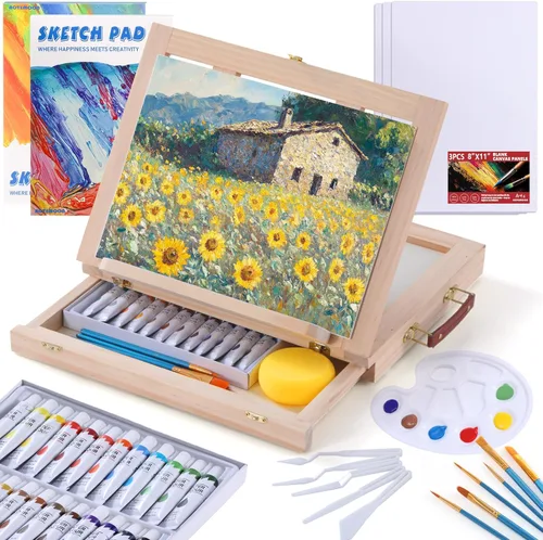Juego de pintura acrílica de 54 piezas con soporte de caballete de mesa, suministros completos de pintura para principiantes con pinturas acrílicas,