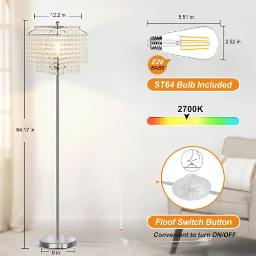 Miniatura 4 de Luvkczc Lámpara de pie de cristal, lámparas de pie modernas de 64 pulgadas de alto con pantalla de doble capa, interruptor de pie de encendido