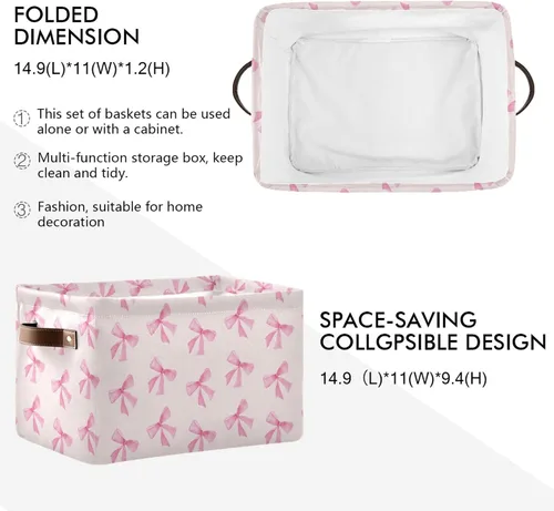 Miniatura 3 de Cesta de almacenamiento plegable con lazo rosa, impermeable, con asas de cuero, para clósets, oficinas, dormitorios, cestas de regalo, 1 unidad