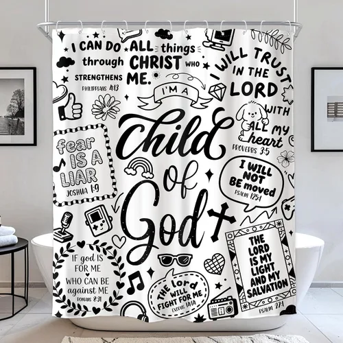 Miniatura 26 de Cortina de ducha para niños, en blanco y negro, versículo bíblico cristiano, citas inspiradoras abstractas, citas inspiradoras, divertidas