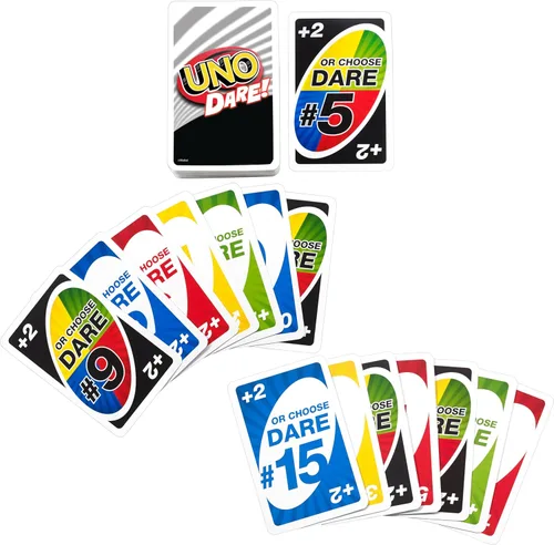 Miniatura 3 de Mattel Games Juego de cartas UNO Dare para familias y fiestas con desafíos desafiantes y tontos de 3 categorías diferentes