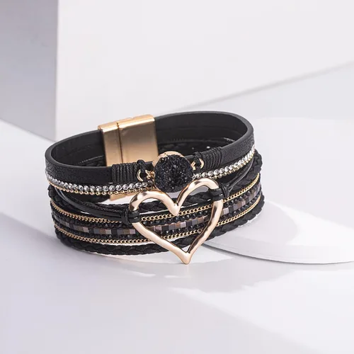 Miniatura 6 de FANCY SHINY Pulseras de cuero con forma de corazón, apilables, bohemias, pulseras de diamantes de imitación de resina de moda con cierre magnético