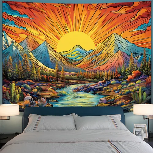 Serborlur Tapiz bohemio con sol y montaña, diseño de árbol de bosque trippy, vintage, estético, mágico de río, paisaje, naturaleza, para colgar en
