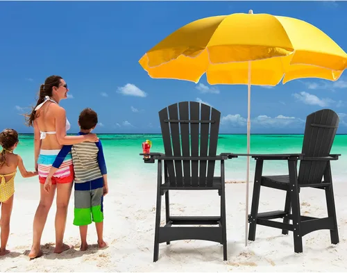 Miniatura 8 de FUNBERRY Juego de 2 sillas altas Adirondack con mesa de conexión extraíble, silla de balcón alta para todo tipo de clima con portavasos
