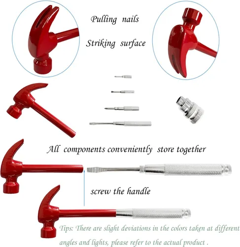 Miniatura 3 de Juego de mini martillo y destornillador multiherramienta 6 en 1 rojo - Herramientas de mano para acampar con cabeza de martillo de metal