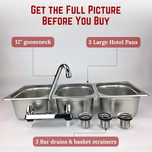 Miniatura 5 de Fregadero de concesión de acero inoxidable con 3 compartimentos grandes Portable 3-basin sink with 12" faucet, bar drains, and basket strainers