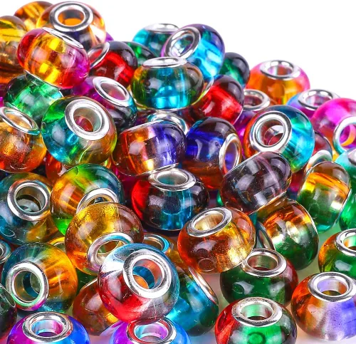 Miniatura 11 de 100 Piezas Cuentas Espaciadoras Europeas de Agujero Grande de 0.551 pulgadas, Mezcla de Colores con Núcleos de Latón Plateado Surtidos Cuentas